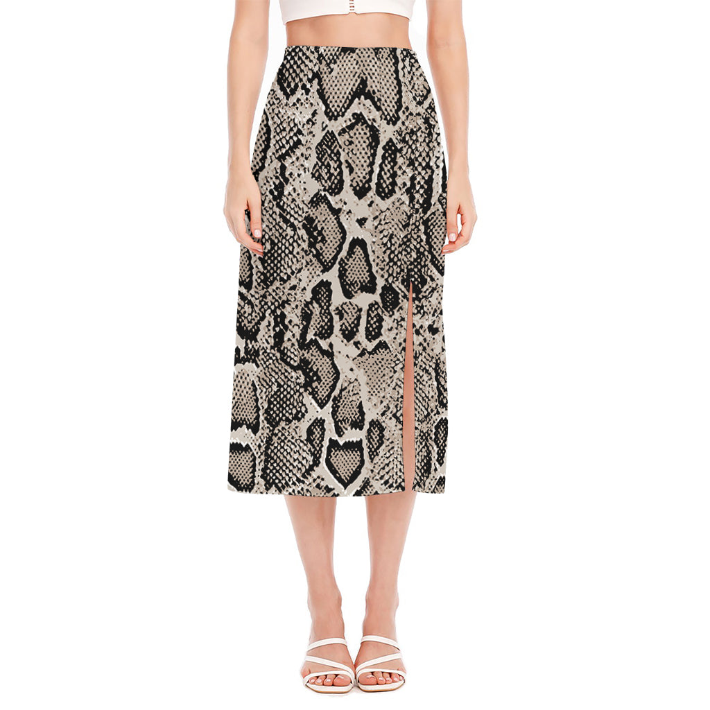 Tan And Black Snakeskin Print Side Slit Midi Skirt