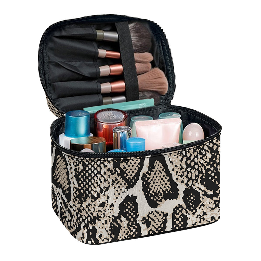 Tan And Black Snakeskin Print Travel Makeup Bag