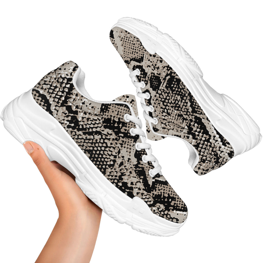 Tan And Black Snakeskin Print White Chunky Shoes