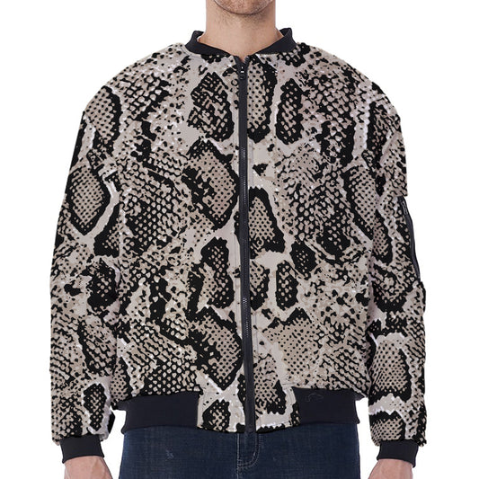 Tan And Black Snakeskin Print Zip Sleeve Bomber Jacket