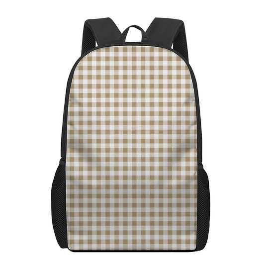 Tan And White Gingham Pattern Print 17 Inch Backpack