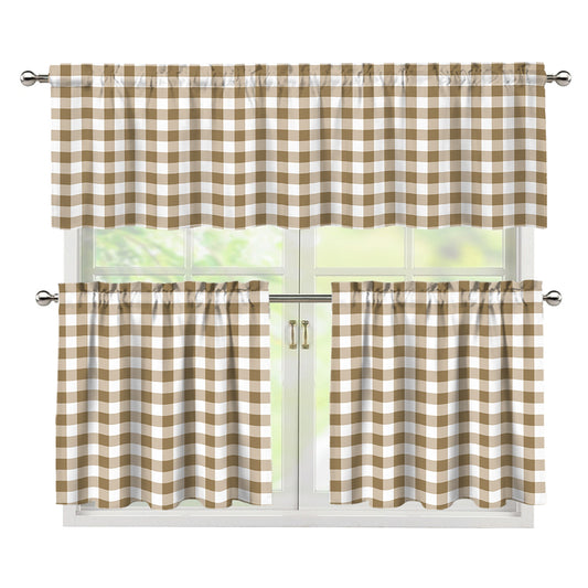 Tan And White Gingham Pattern Print 3 Piece Kitchen Curtains