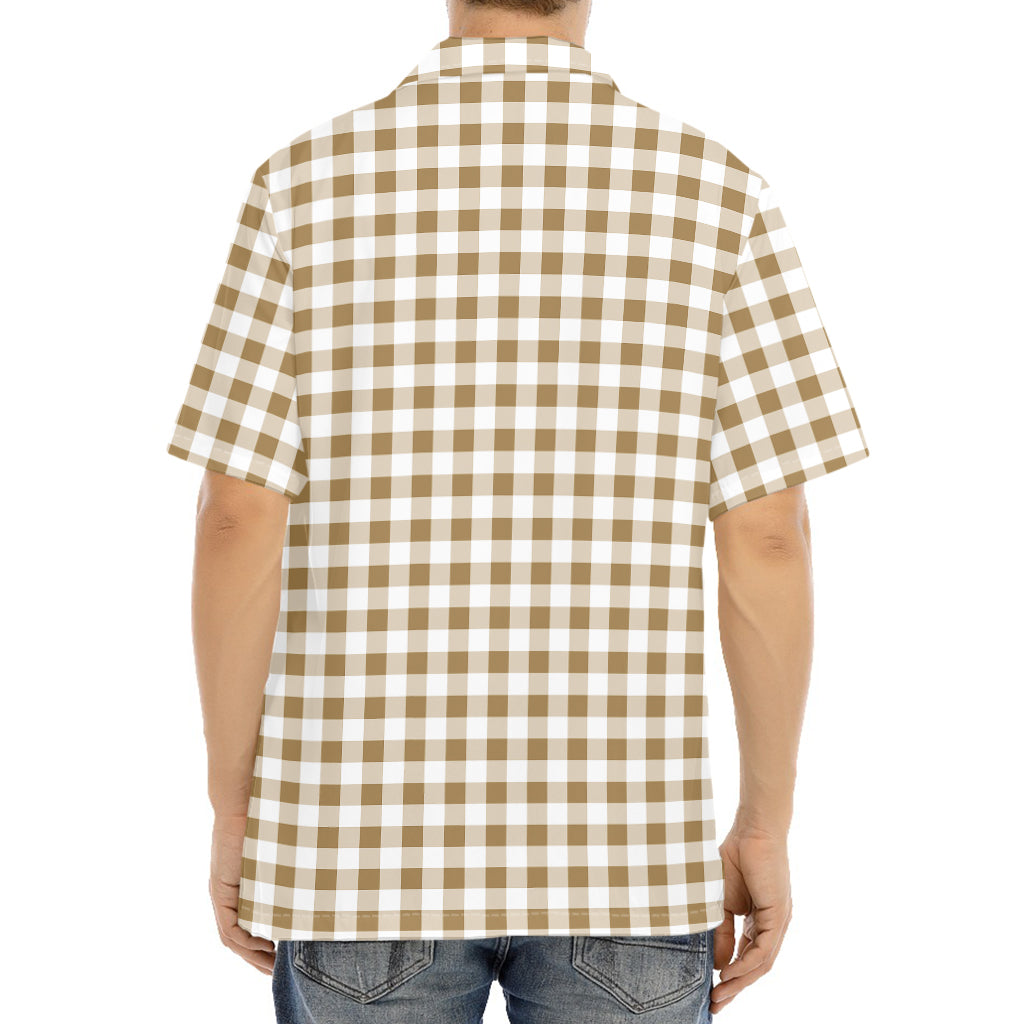 Tan And White Gingham Pattern Print Aloha Shirt