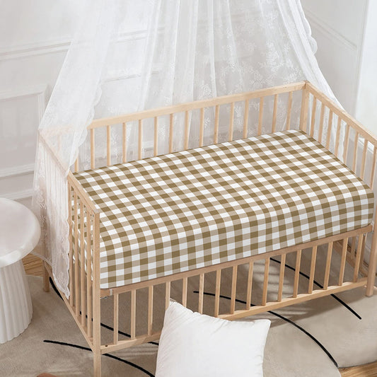 Tan And White Gingham Pattern Print Baby Crib Sheet