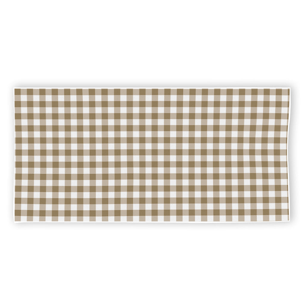 Tan And White Gingham Pattern Print Beach Towel