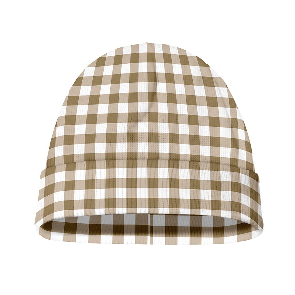 Tan And White Gingham Pattern Print Beanie