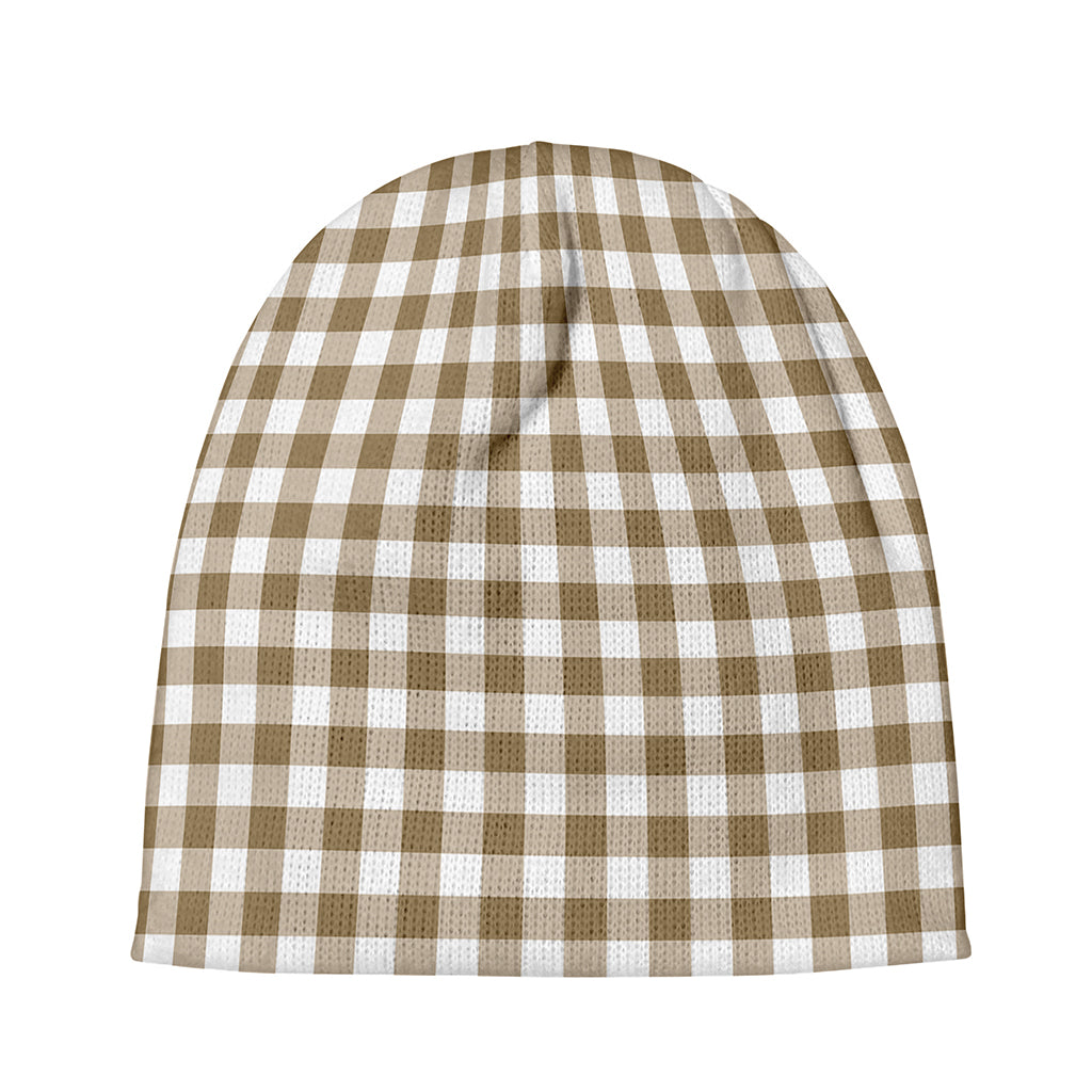 Tan And White Gingham Pattern Print Beanie