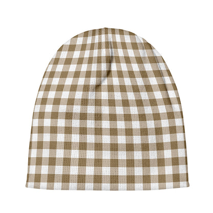 Tan And White Gingham Pattern Print Beanie
