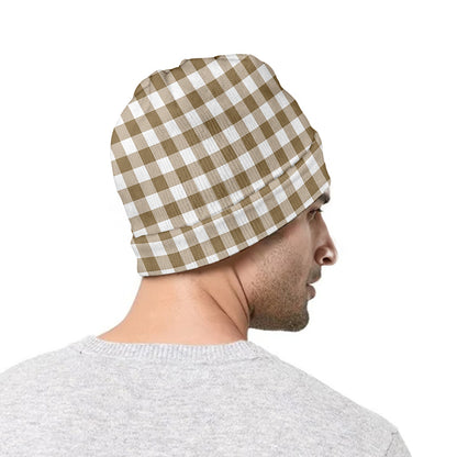 Tan And White Gingham Pattern Print Beanie