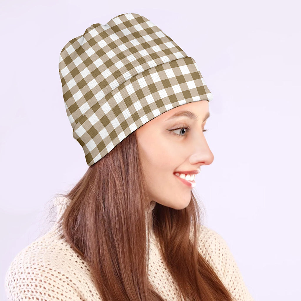 Tan And White Gingham Pattern Print Beanie
