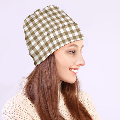 Tan And White Gingham Pattern Print Beanie