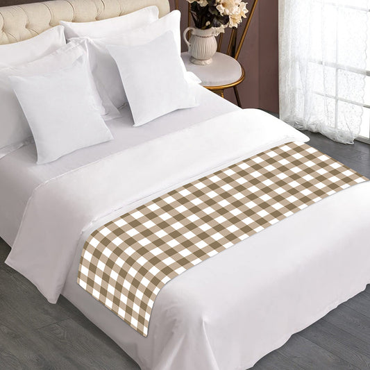Tan And White Gingham Pattern Print Bed Runner
