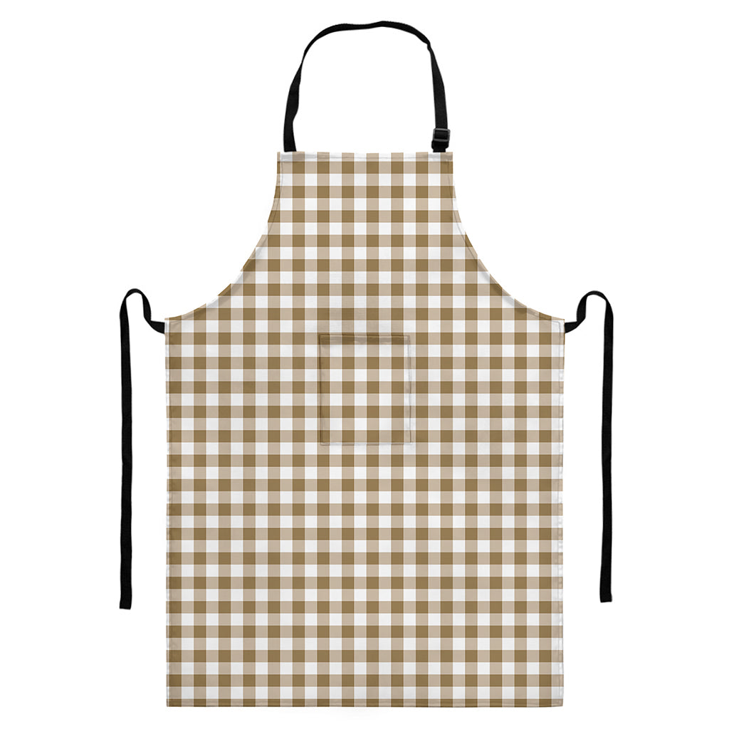 Tan And White Gingham Pattern Print Bib Apron With Pocket