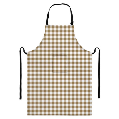 Tan And White Gingham Pattern Print Bib Apron With Pocket