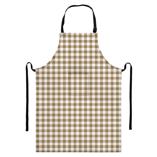 Tan And White Gingham Pattern Print Bib Apron With Pocket