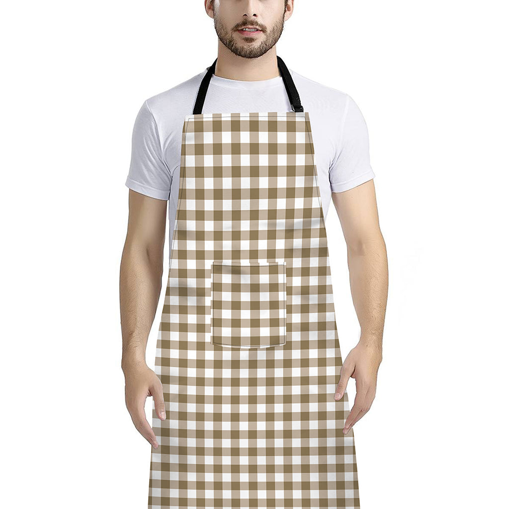Tan And White Gingham Pattern Print Bib Apron With Pocket
