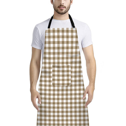 Tan And White Gingham Pattern Print Bib Apron With Pocket