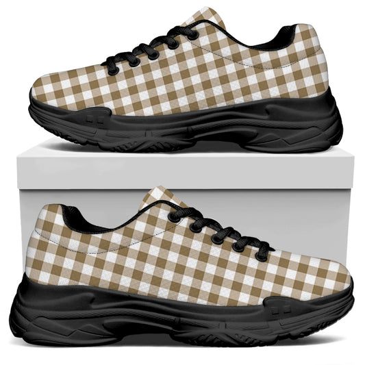 Tan And White Gingham Pattern Print Black Chunky Shoes