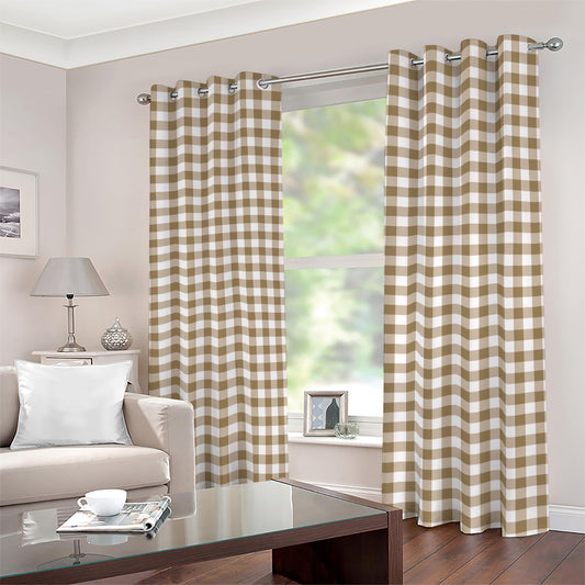 Tan And White Gingham Pattern Print Blackout Grommet Curtains