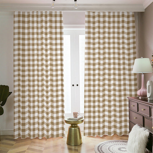 Tan And White Gingham Pattern Print Blackout Pencil Pleat Curtains