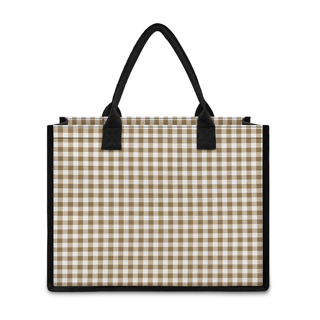 Tan And White Gingham Pattern Print Canvas Tote Bag