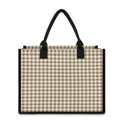 Tan And White Gingham Pattern Print Canvas Tote Bag