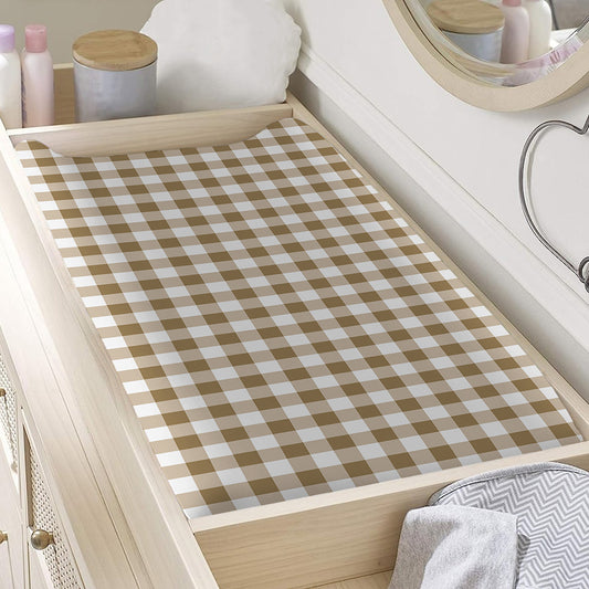 Tan And White Gingham Pattern Print Changing Pad Cover