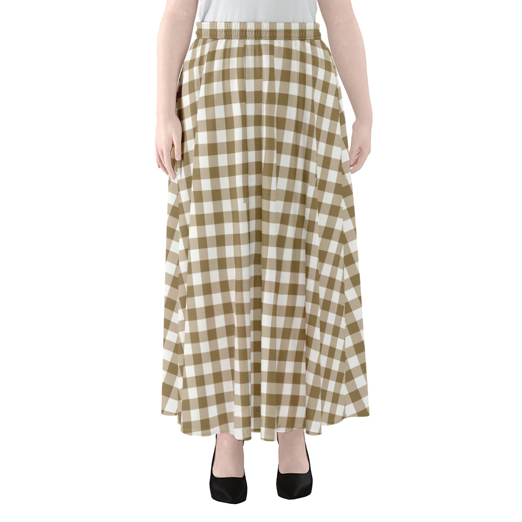 Tan And White Gingham Pattern Print Chiffon Maxi Skirt