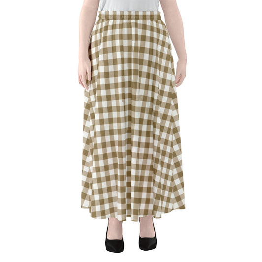 Tan And White Gingham Pattern Print Chiffon Maxi Skirt
