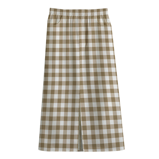 Tan And White Gingham Pattern Print Cotton Front Slit Maxi Skirt