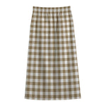 Tan And White Gingham Pattern Print Cotton Front Slit Maxi Skirt