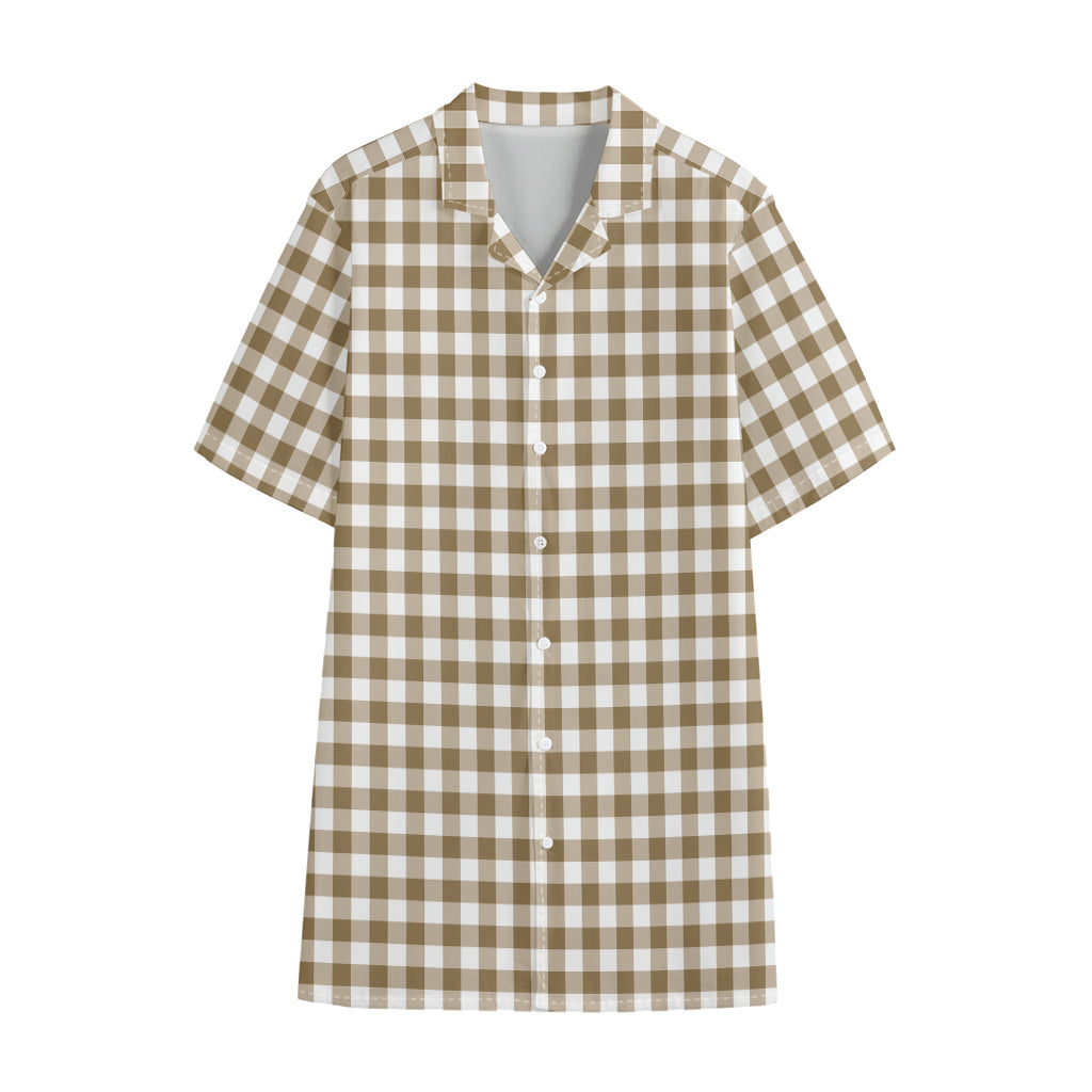 Tan And White Gingham Pattern Print Cotton Hawaiian Shirt