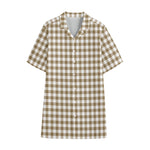 Tan And White Gingham Pattern Print Cotton Hawaiian Shirt