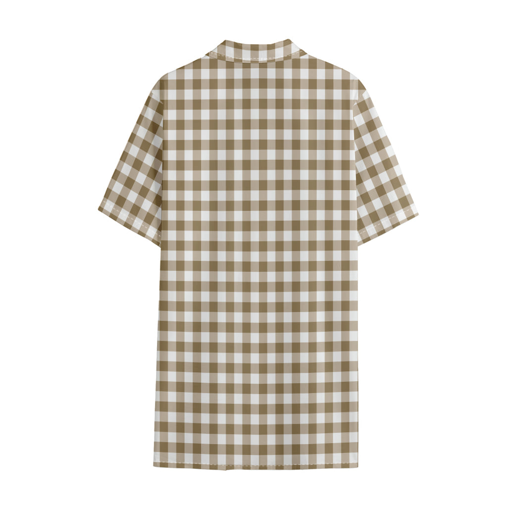 Tan And White Gingham Pattern Print Cotton Hawaiian Shirt