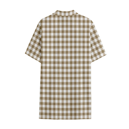 Tan And White Gingham Pattern Print Cotton Hawaiian Shirt