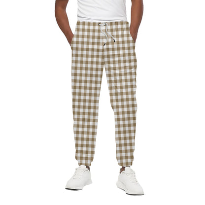 Tan And White Gingham Pattern Print Cotton Pants