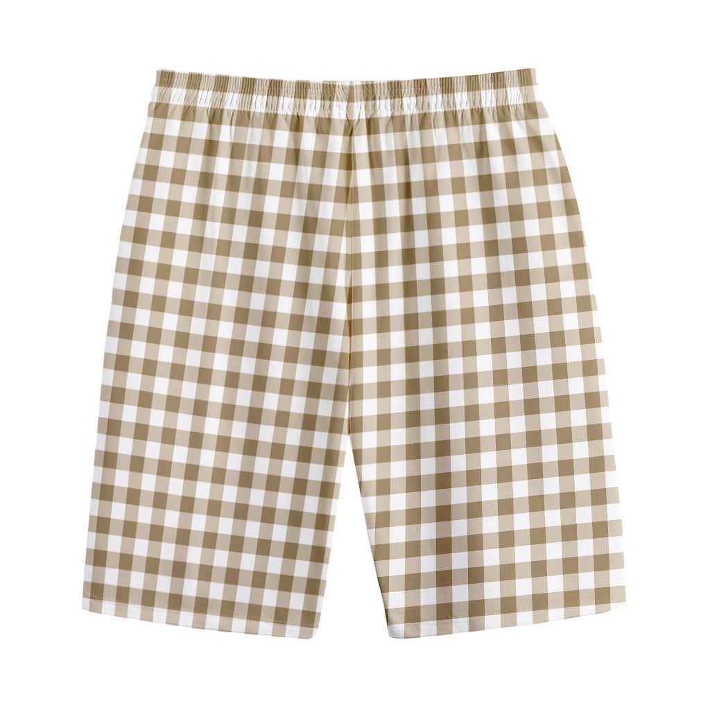Tan And White Gingham Pattern Print Cotton Shorts