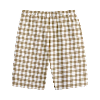 Tan And White Gingham Pattern Print Cotton Shorts
