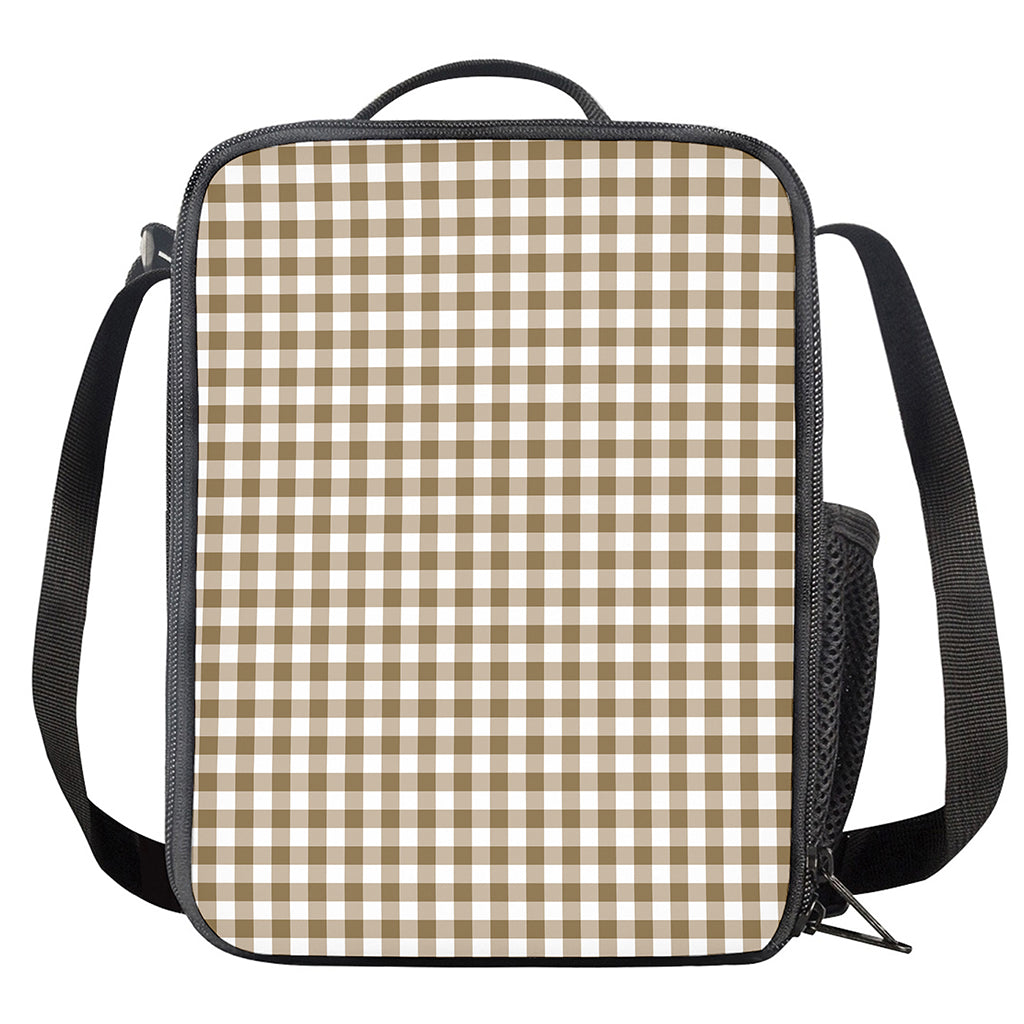 Tan And White Gingham Pattern Print Crossbody Lunch Bag