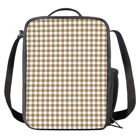 Tan And White Gingham Pattern Print Crossbody Lunch Bag
