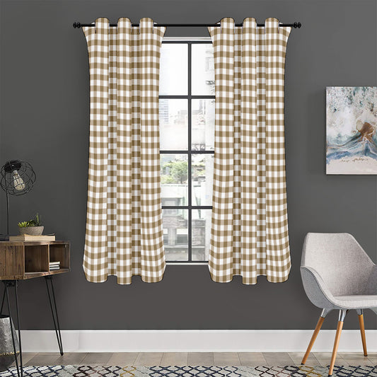 Tan And White Gingham Pattern Print Curtain