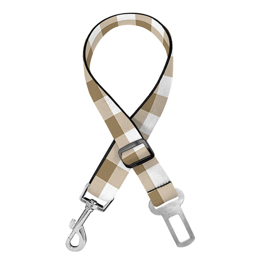Tan And White Gingham Pattern Print Dog Seat Belt