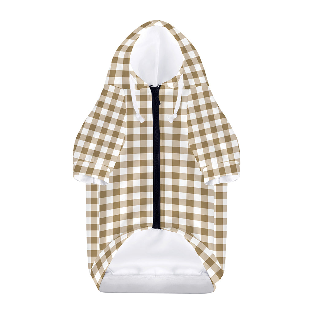 Tan And White Gingham Pattern Print Dog Zip Up Hoodie
