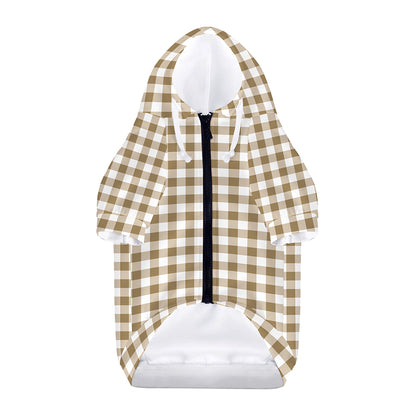 Tan And White Gingham Pattern Print Dog Zip Up Hoodie