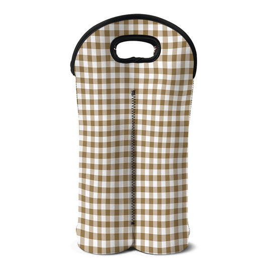 Tan And White Gingham Pattern Print Double Neoprene Wine Tote