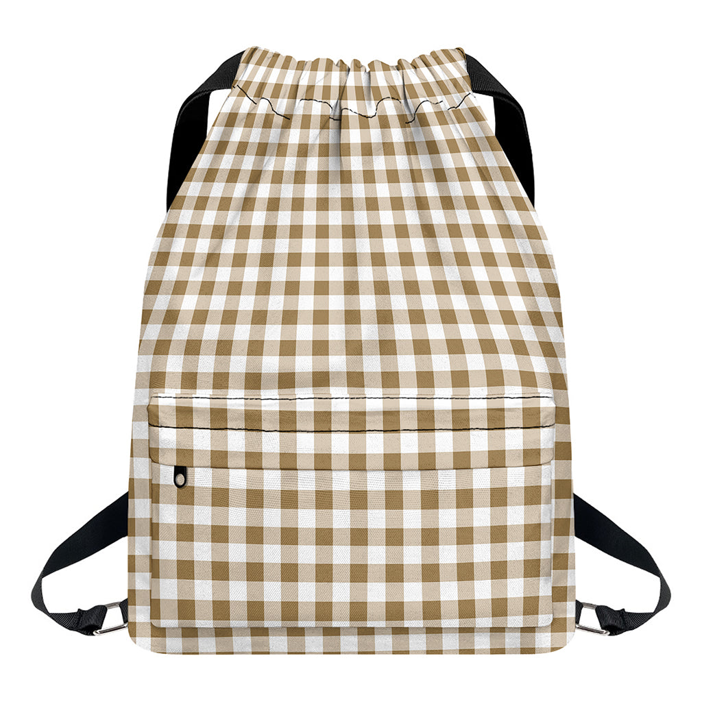 Tan And White Gingham Pattern Print Drawstring Backpack
