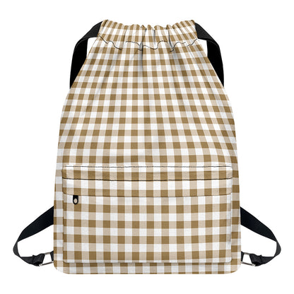 Tan And White Gingham Pattern Print Drawstring Backpack