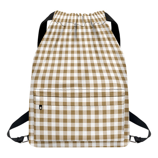 Tan And White Gingham Pattern Print Drawstring Backpack