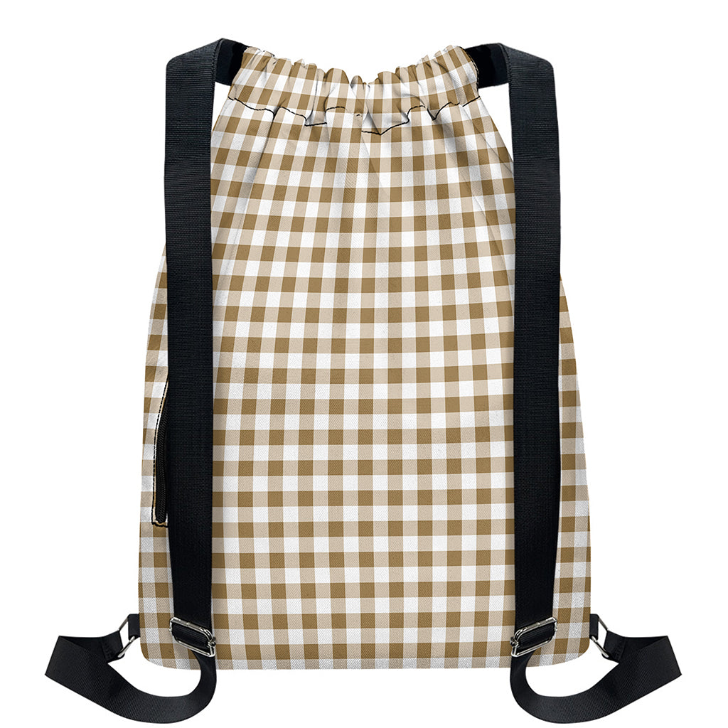 Tan And White Gingham Pattern Print Drawstring Backpack