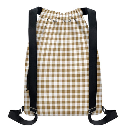 Tan And White Gingham Pattern Print Drawstring Backpack